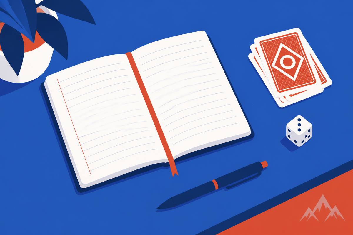 Illustration of a notebook, pen, playing cards and a die on a desk