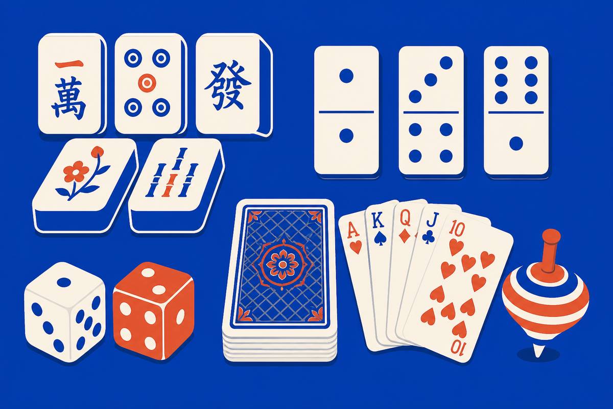 Illustration of mahjong tiles, dominoes, dice, a deck of cards and a spinning top arranged together