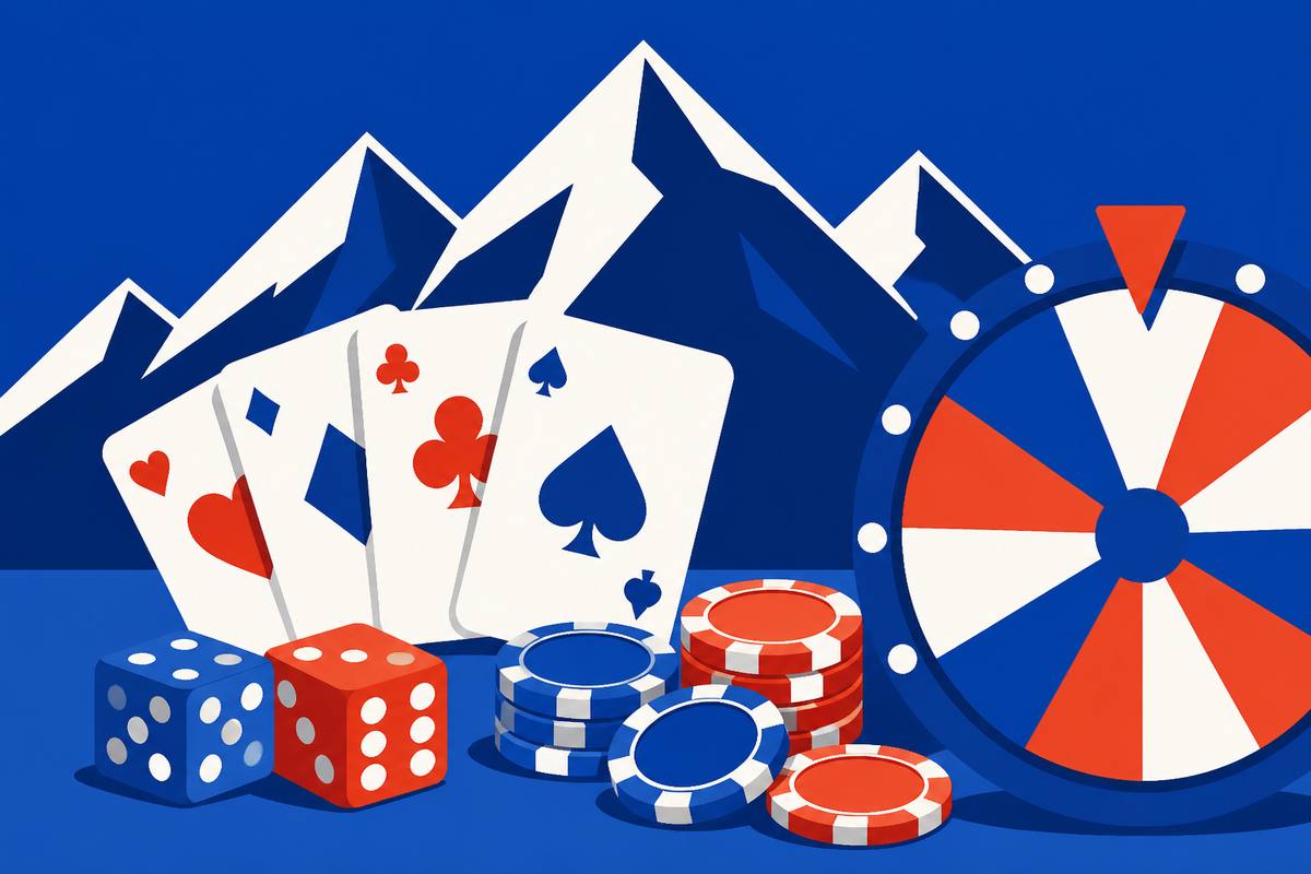 Illustration of playing cards, dice, poker chips and a prize wheel arranged in front of a stylised mountain range
