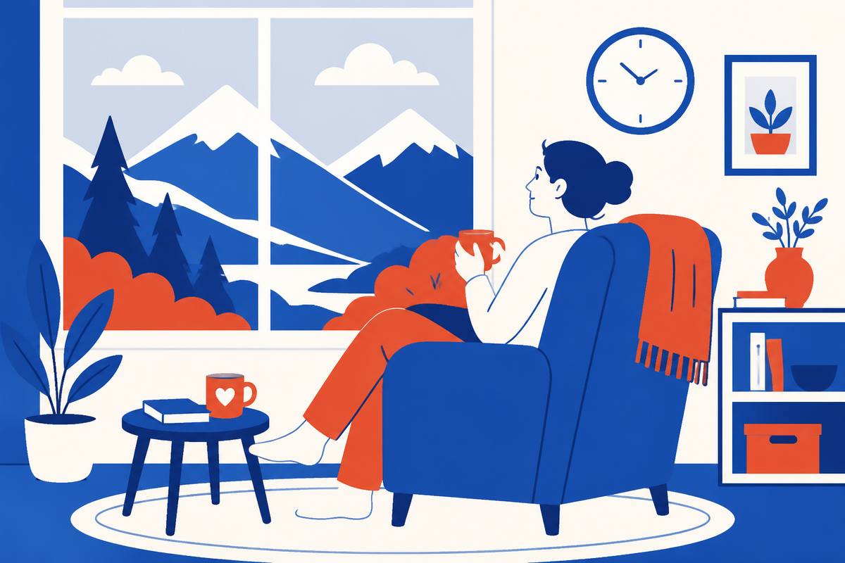Illustration of a person relaxing in a chair by a window overlooking mountains, taking a break