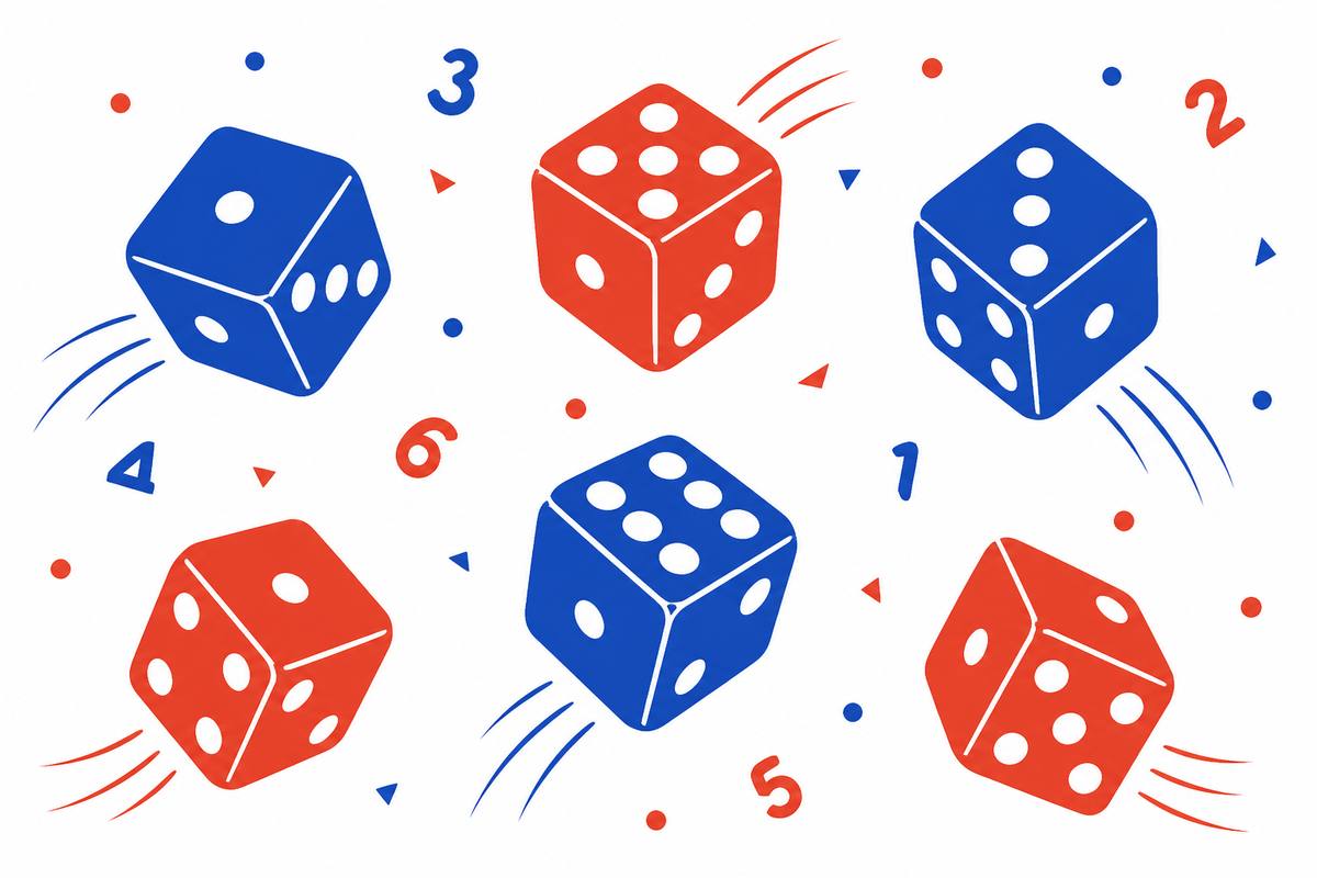 Illustration of dice tumbling in different directions with scattered numbers